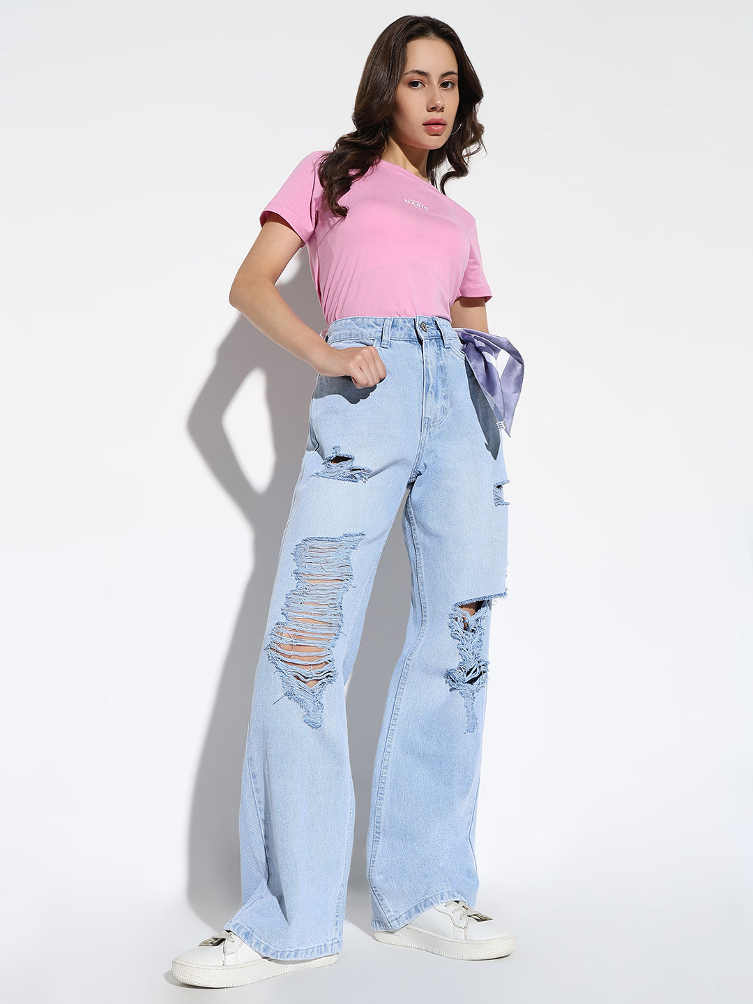 Women's Blue Comfort Wide Leg Highly Distressed Light Fade Denim Jeans