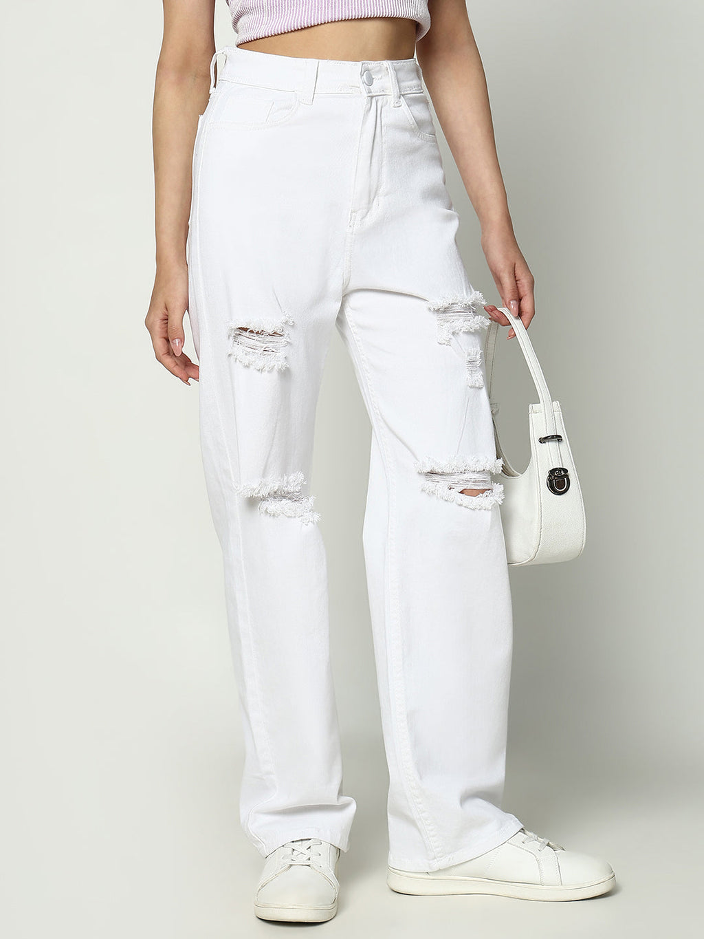 Women's White Solid Straight Fit Jeans