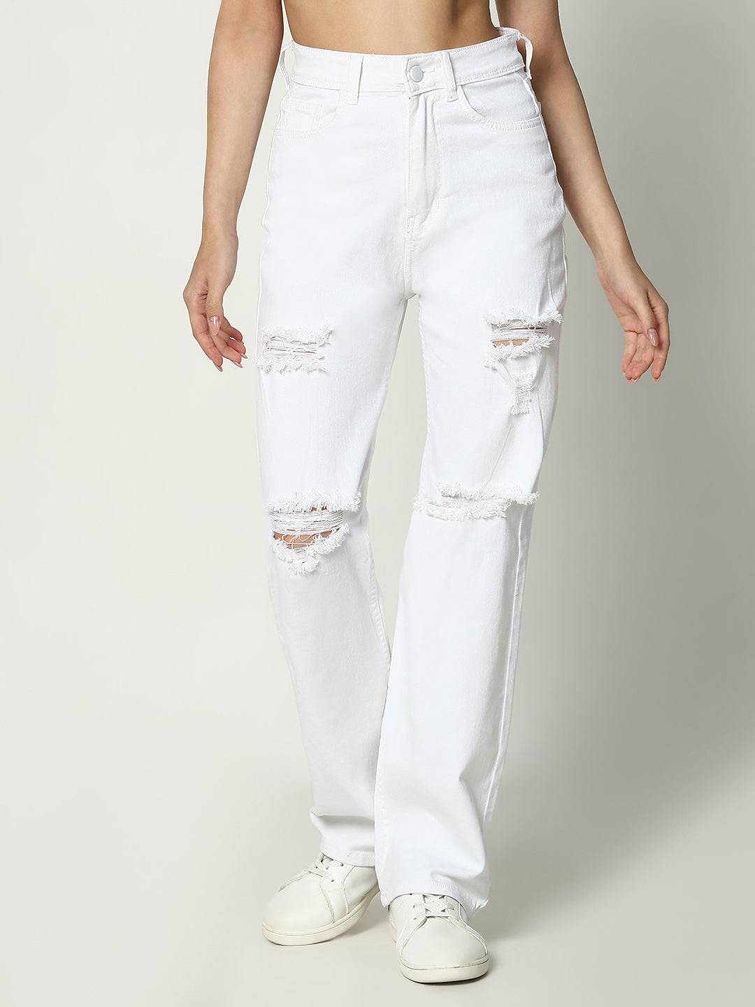 Women's White Solid Straight Fit Jeans