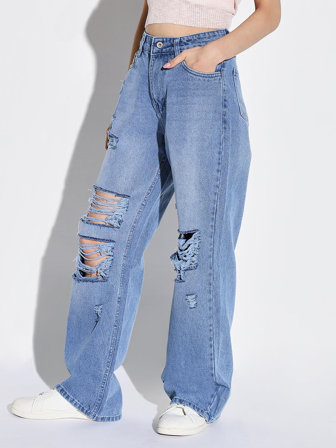 Women's Blue Comfort Wide Leg Highly Distressed Light Fade Acid Wash Jeans