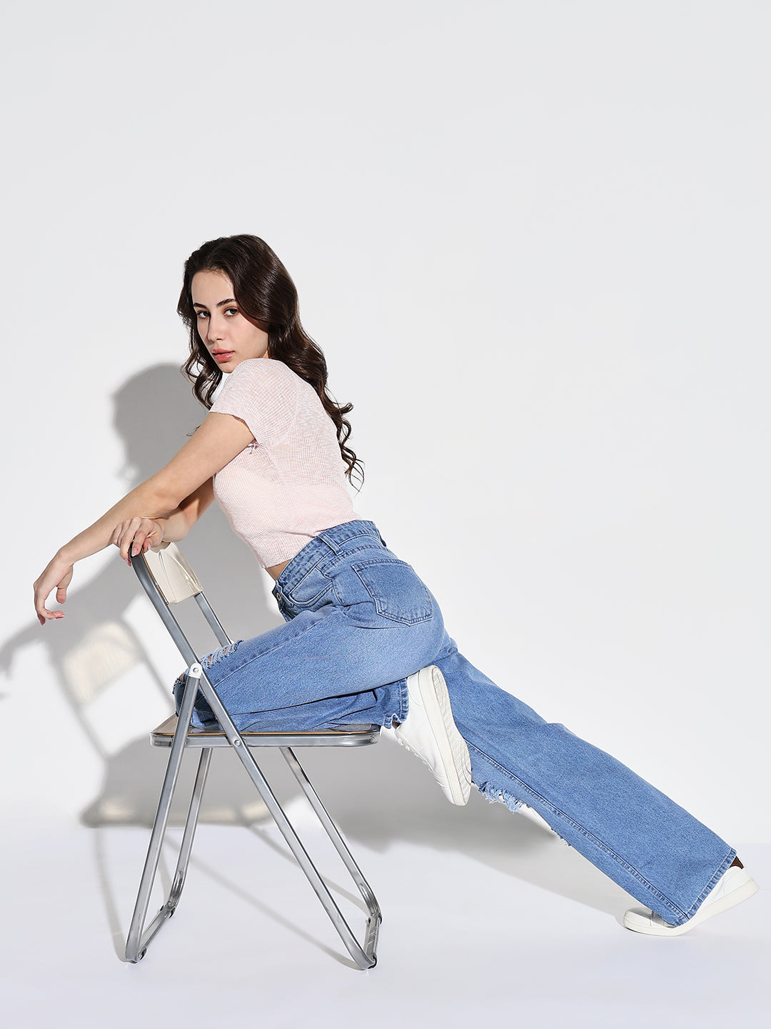 Women's Blue Comfort Wide Leg Highly Distressed Light Fade Acid Wash Jeans