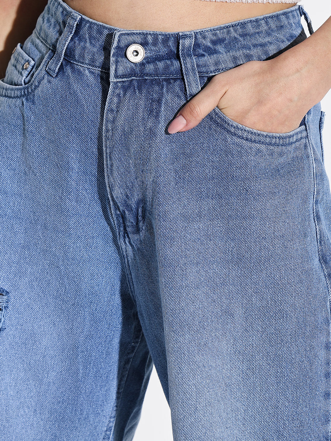 Women's Blue Comfort Wide Leg Highly Distressed Light Fade Acid Wash Jeans