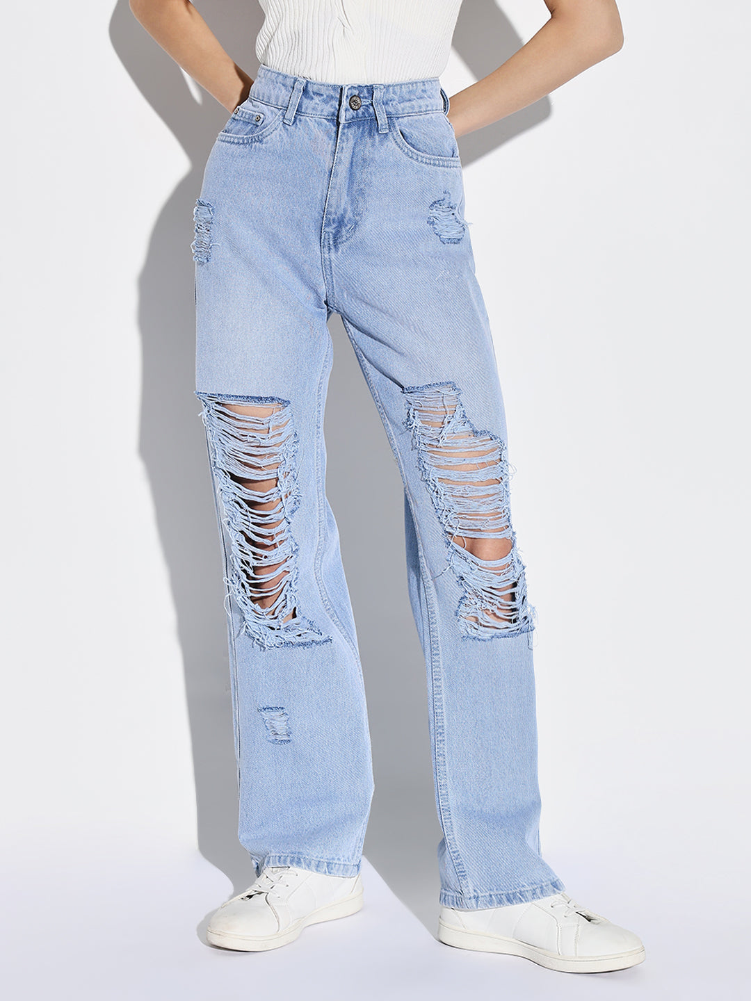 Women's Blue Comfort Wide Leg Highly Distressed Light Fade Jeans