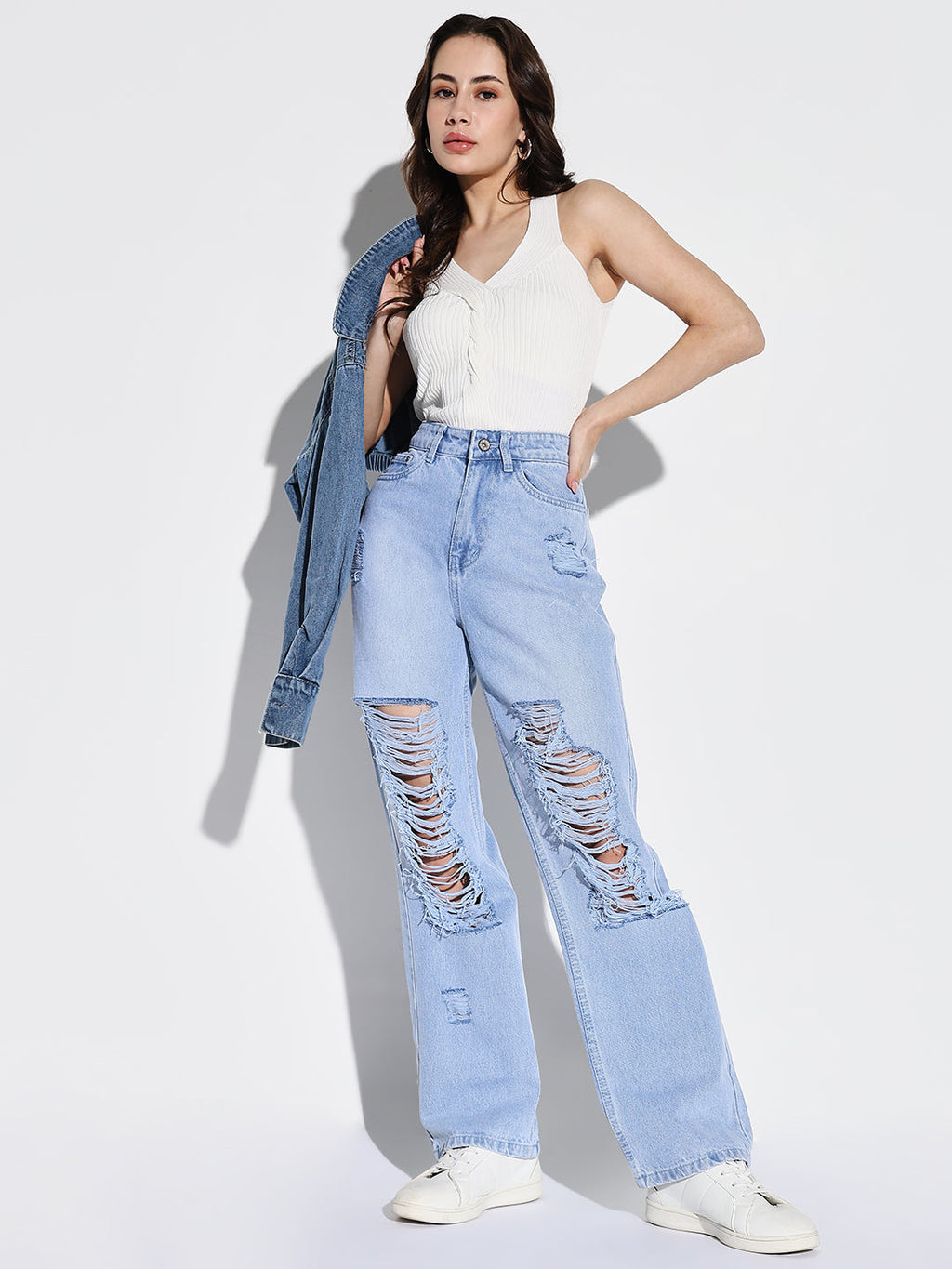 Women's Blue Comfort Wide Leg Highly Distressed Light Fade Jeans