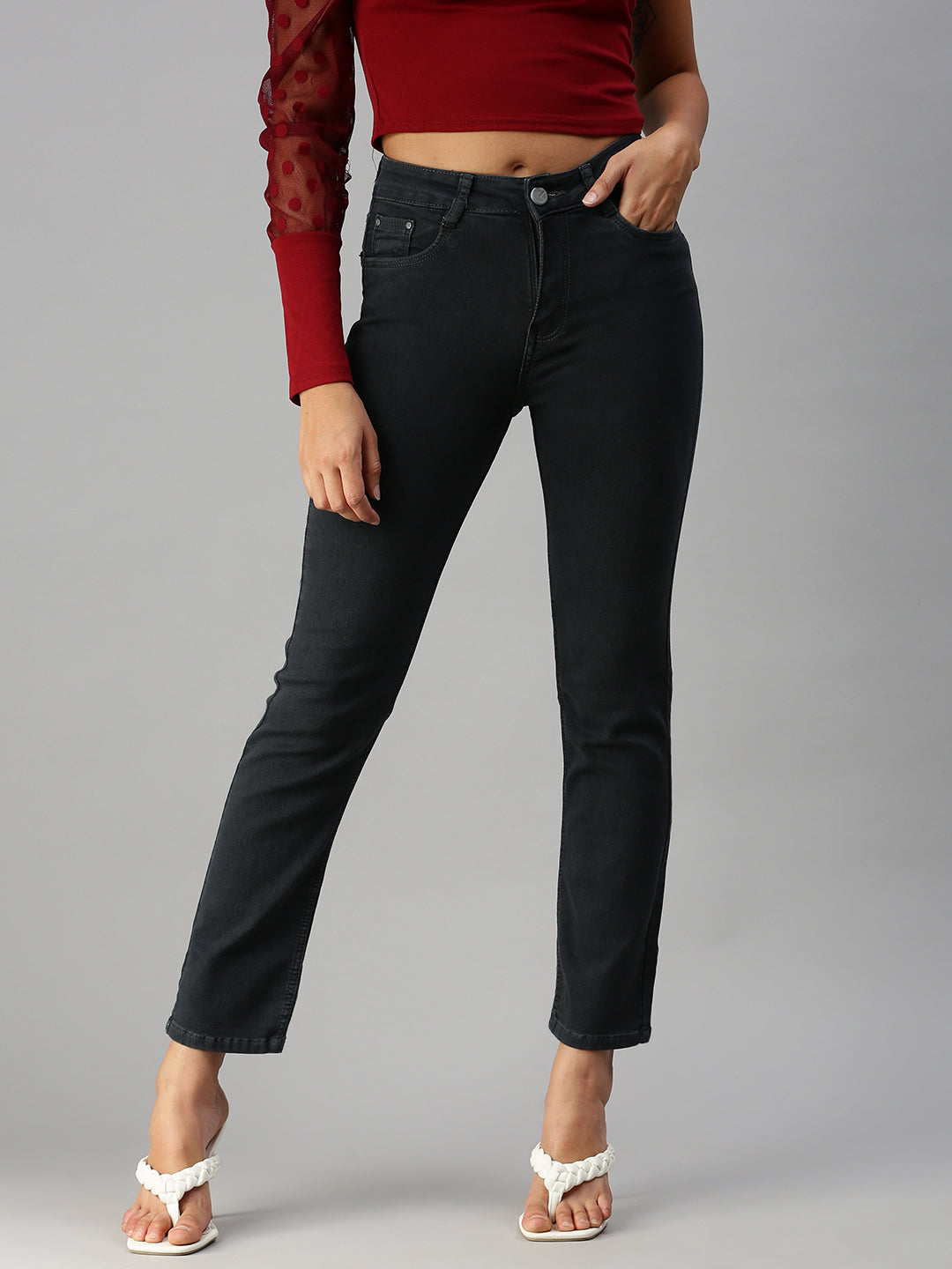 Women's Grey Straight Fit High-Rise Stretchable Jeans