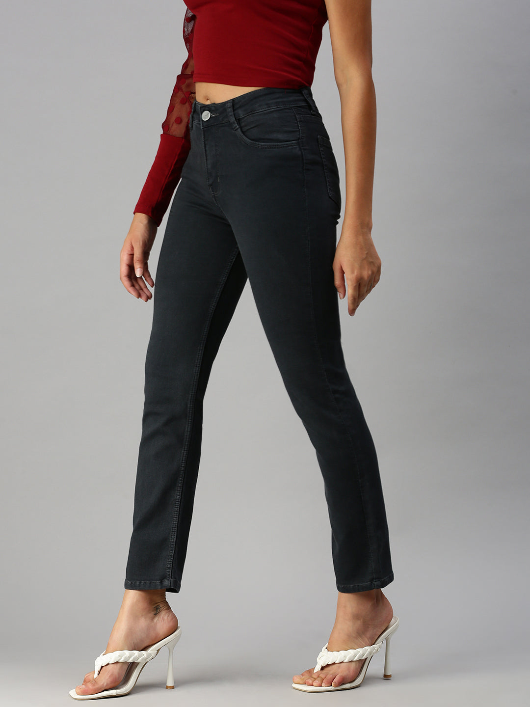 Women's Grey Straight Fit High-Rise Stretchable Jeans
