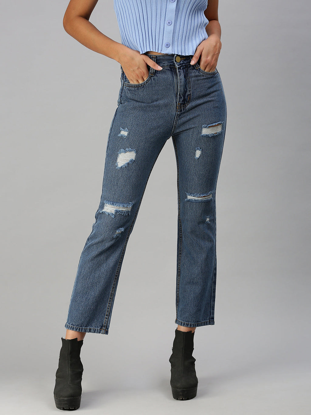 Women's Blue Straight Fit High-Rise Mildly Distressed Light Fade Jeans