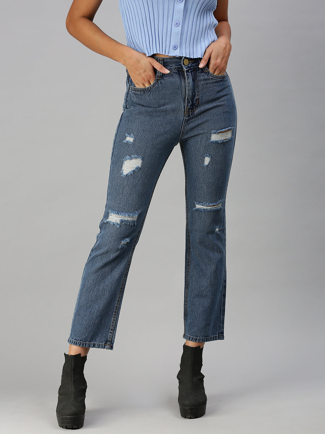 Women's Blue Straight Fit High-Rise Mildly Distressed Light Fade Jeans