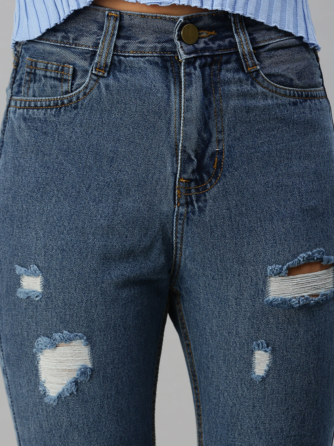 Women's Blue Straight Fit High-Rise Mildly Distressed Light Fade Jeans