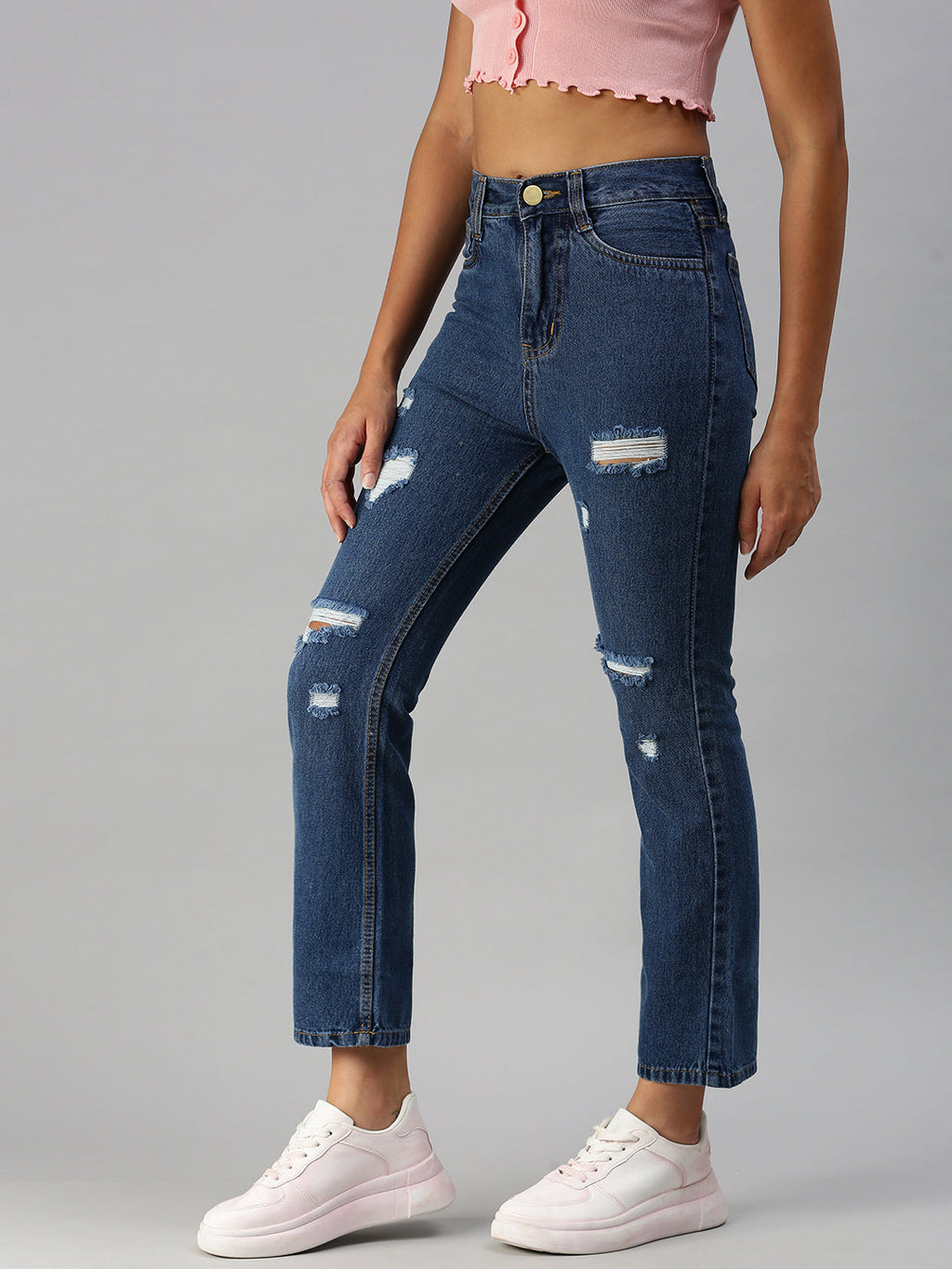 Women's Blue Straight Fit High-Rise Mildly Distressed Light Fade Jeans