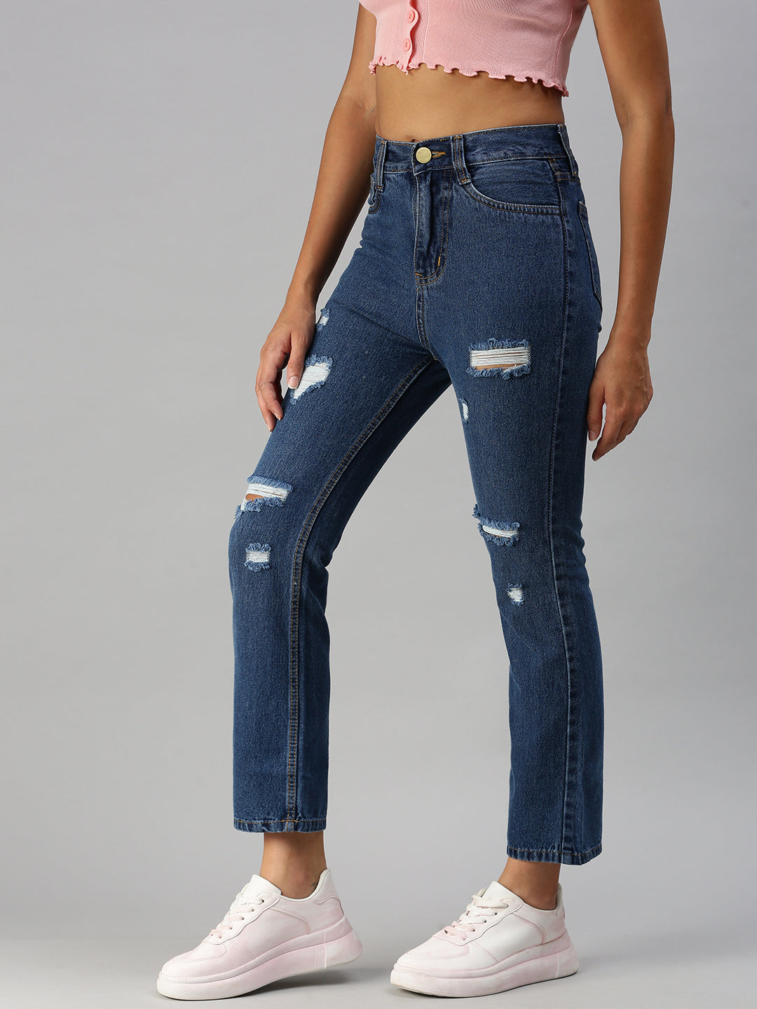 Women's Blue Straight Fit High-Rise Mildly Distressed Light Fade Jeans