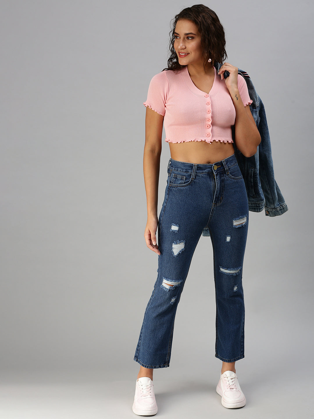 Women's Blue Straight Fit High-Rise Mildly Distressed Light Fade Jeans