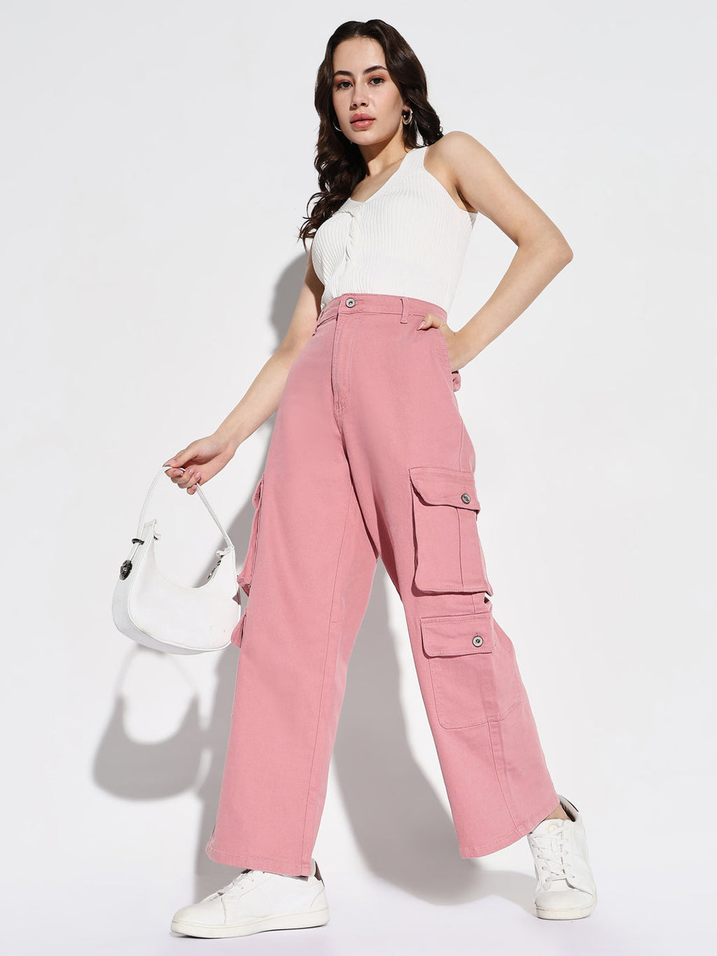 Women's Pink Comfort Mid-Rise Cotton Wide Leg Jeans