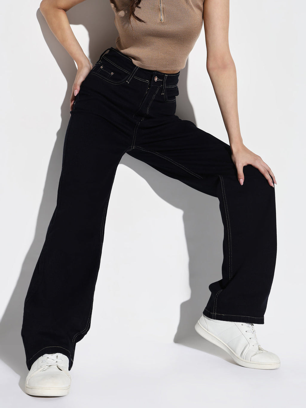 Women's Navy Blue Comfort Wide Leg Stretchable Jeans