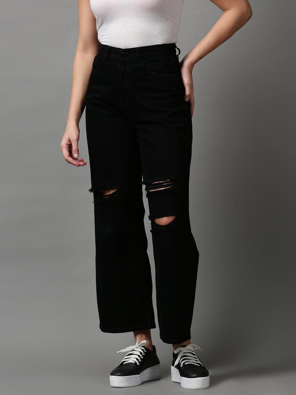 Women's Black Wide Leg Slash Knee Jeans