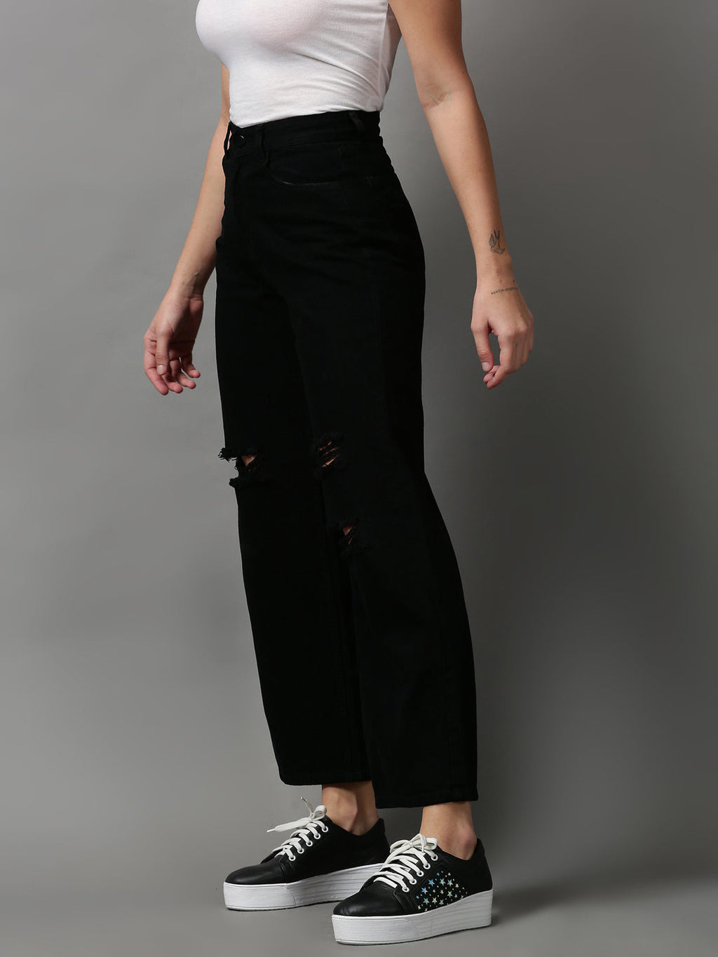 Women's Black Wide Leg Slash Knee Jeans