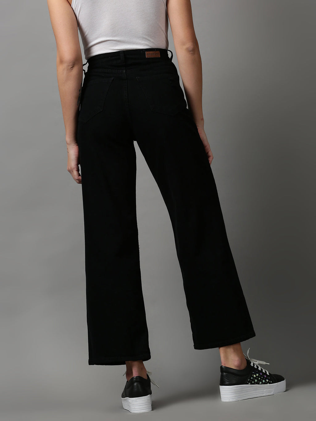 Women's Black Wide Leg Slash Knee Jeans