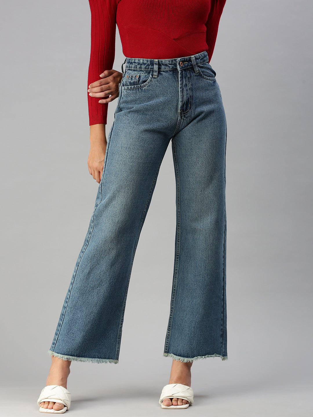 Women's Blue Wide Leg High-Rise Light Fade Denim Jeans
