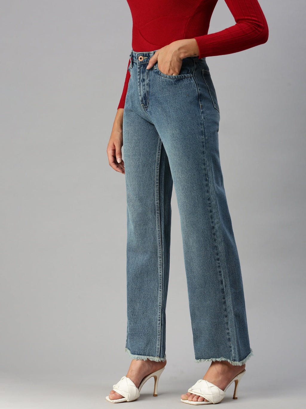 Women's Blue Wide Leg High-Rise Light Fade Denim Jeans