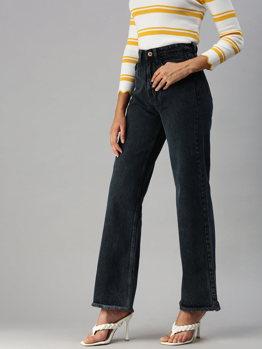 Women's Grey Wide Leg High-Rise Denim Jeans