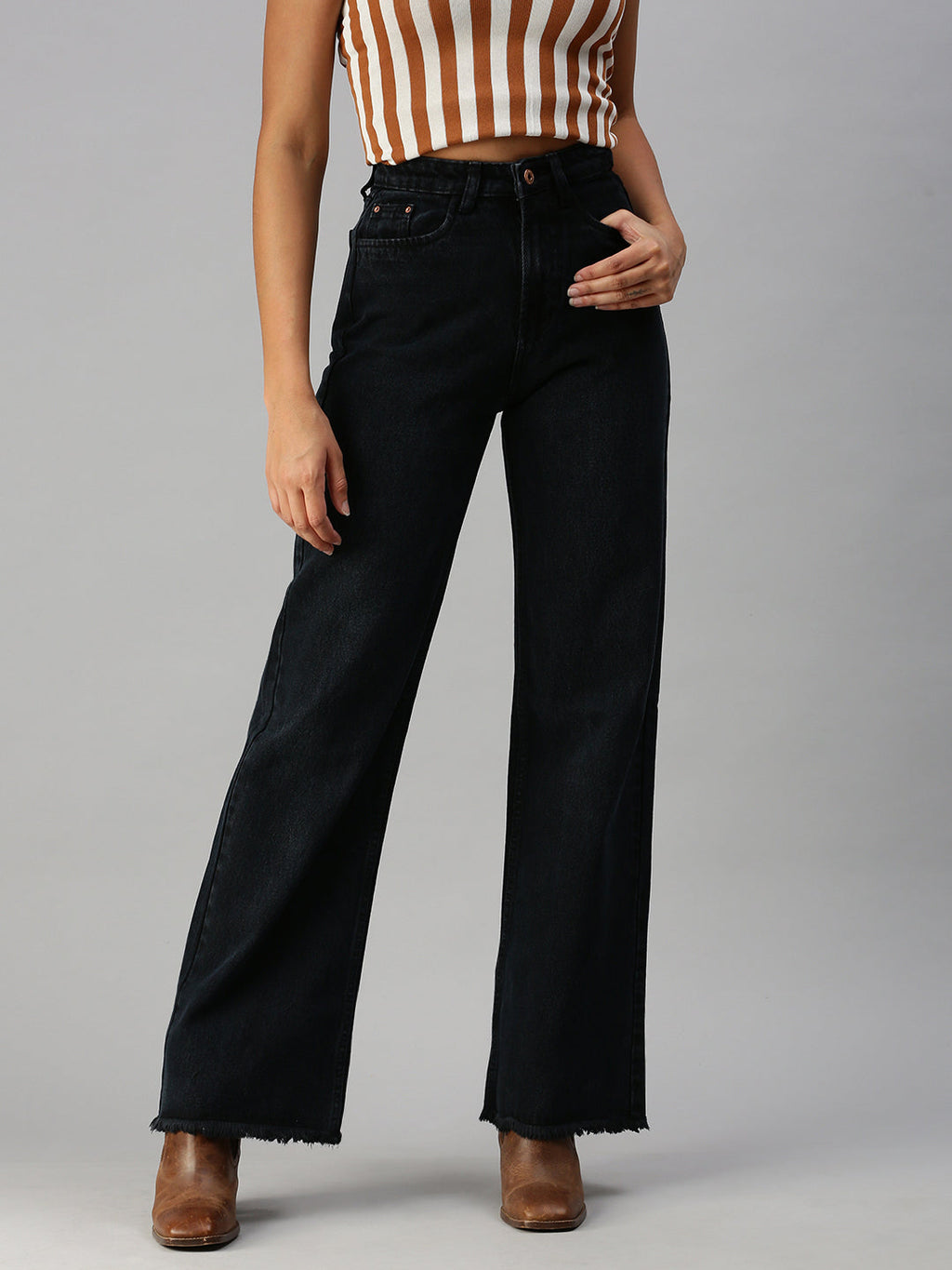 Women's Grey Wide Leg High-Rise Jeans
