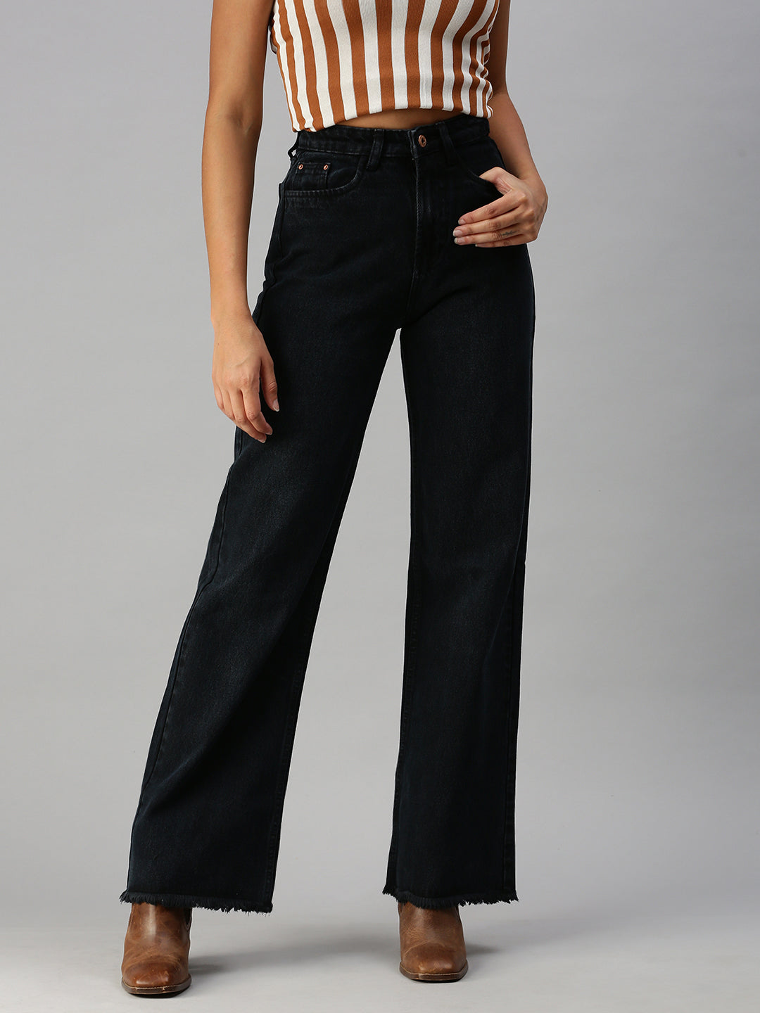 Women's Grey Wide Leg High-Rise Jeans