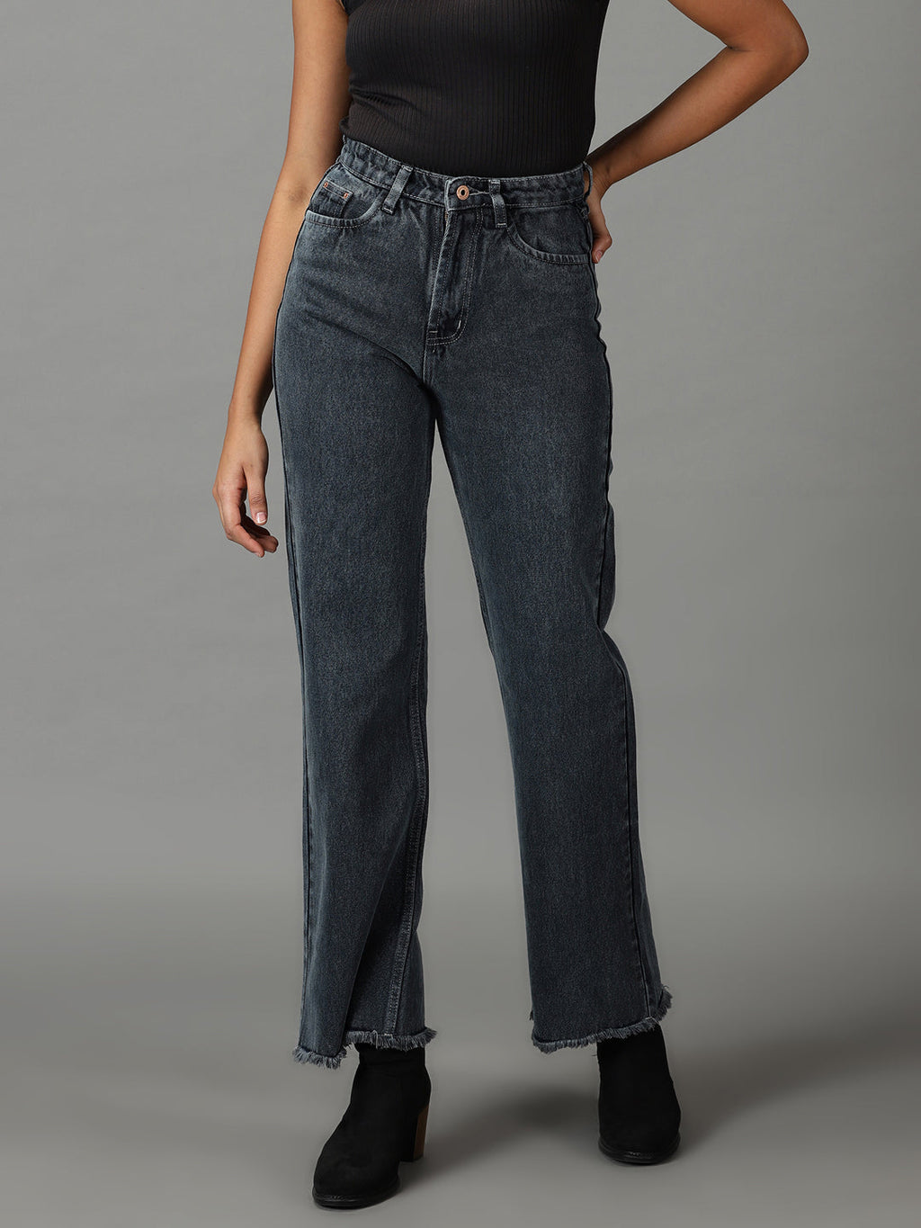 Women's Grey Straight Fit High-Rise Light Fade Stretchable Jeans