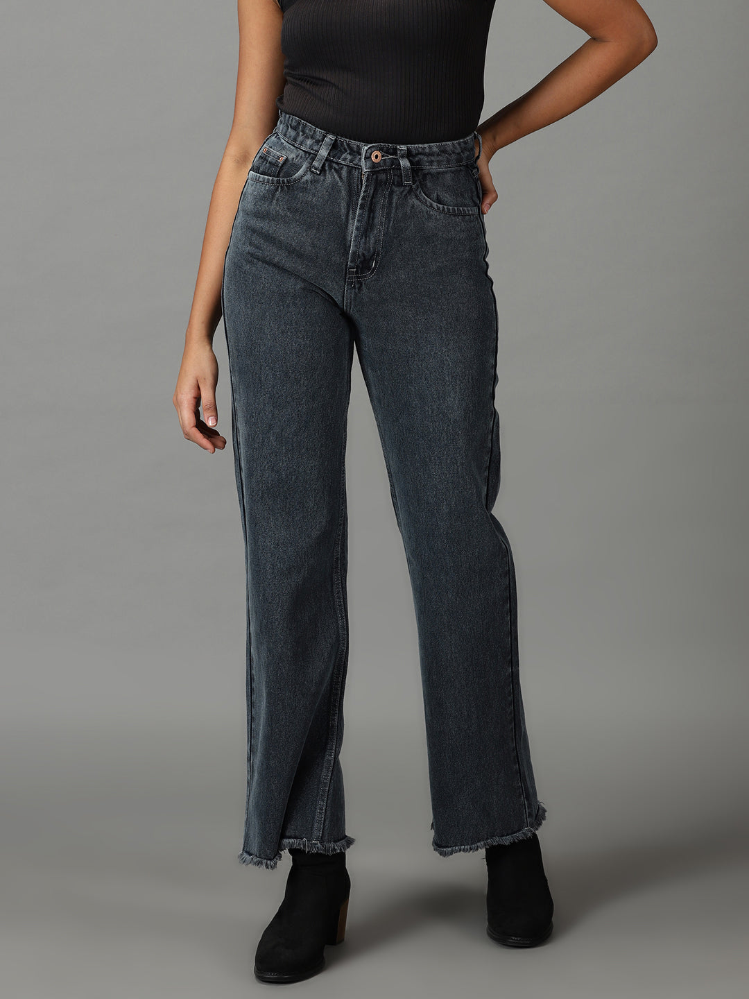 Women's Grey Straight Fit High-Rise Light Fade Stretchable Jeans