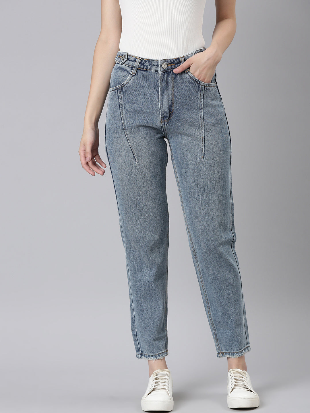 Women's Blue Mid Rise Jean Clean Look Heavy Fade Denim Jeans