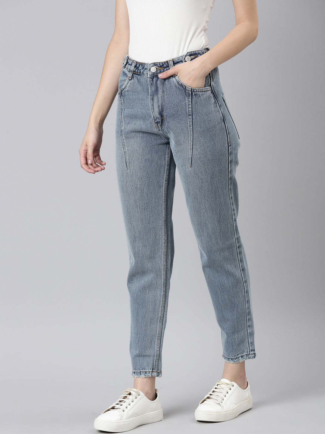 Women's Blue Mid Rise Jean Clean Look Heavy Fade Denim Jeans