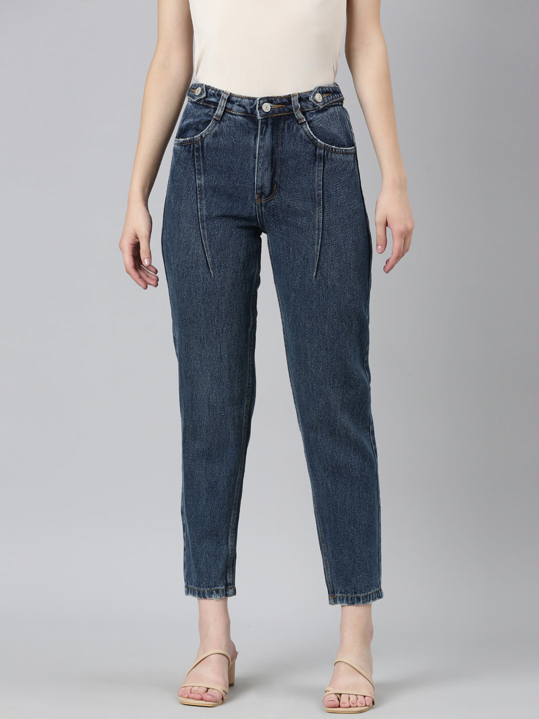 Women's Blue Acid Wash High-Raise Denim Cropped Jeans