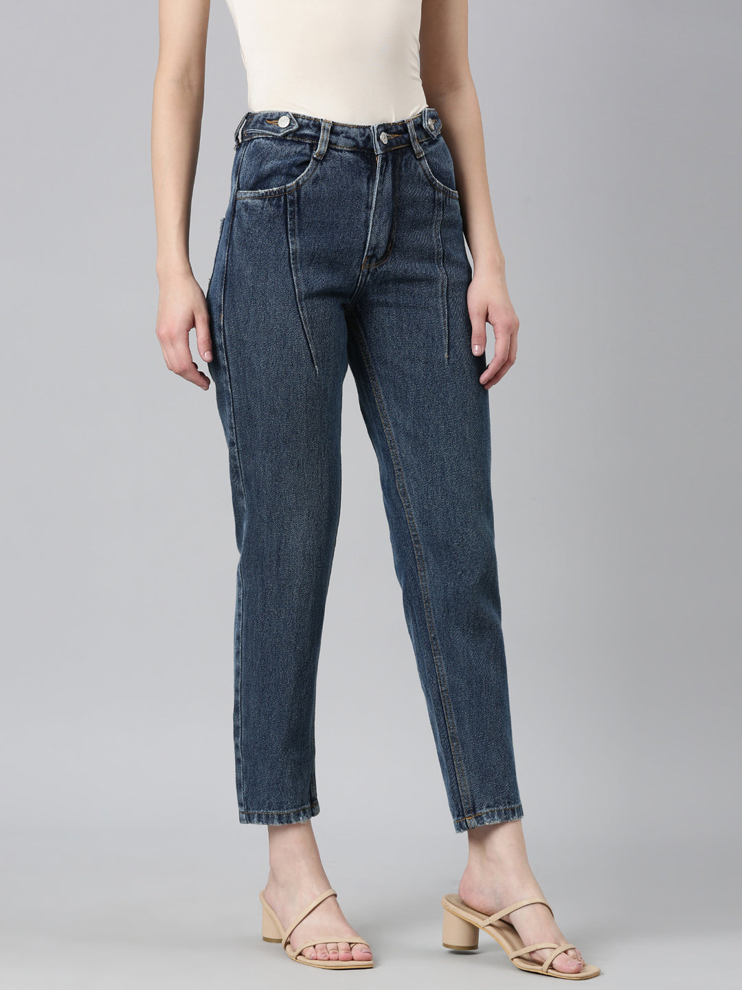 Women's Blue Acid Wash High-Raise Denim Cropped Jeans