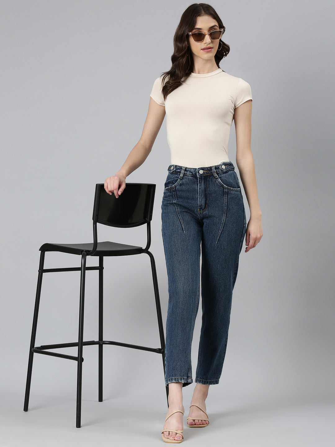 Women's Blue Acid Wash High-Raise Denim Cropped Jeans