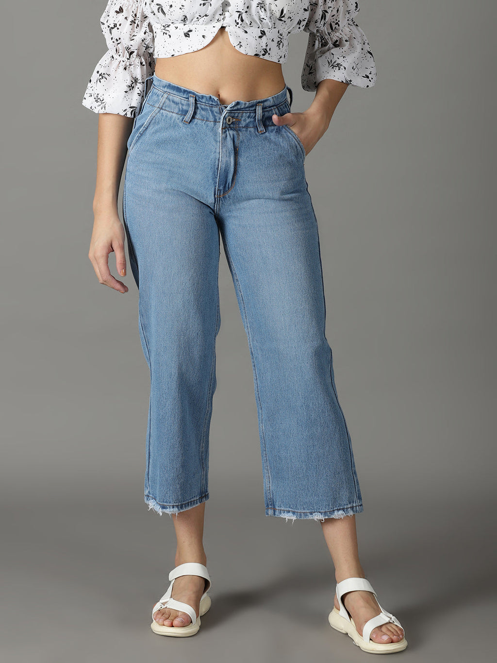 Women's Blue Wide Leg High-Rise Cropped Stretchable Jeans