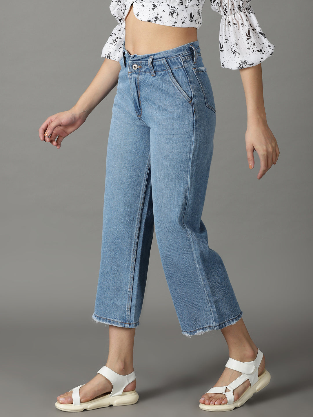 Women's Blue Wide Leg High-Rise Cropped Stretchable Jeans