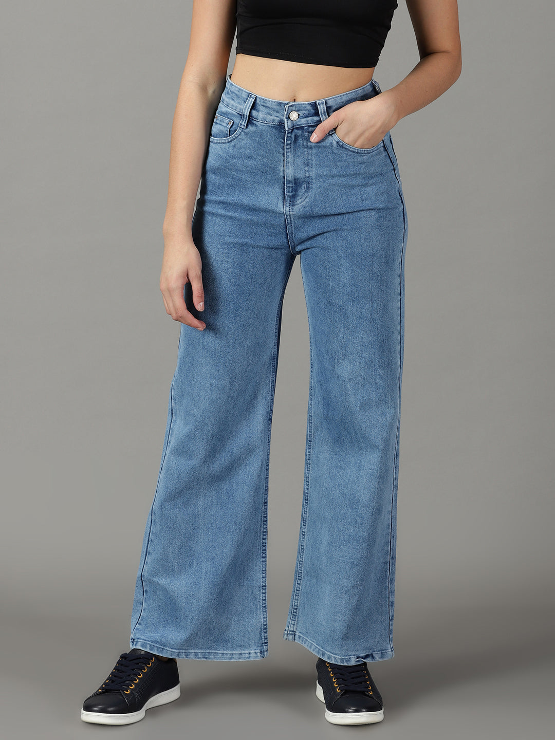 Women's Blue Wide Leg Mid-Rise Bleached Stretchable Cotton Jeans