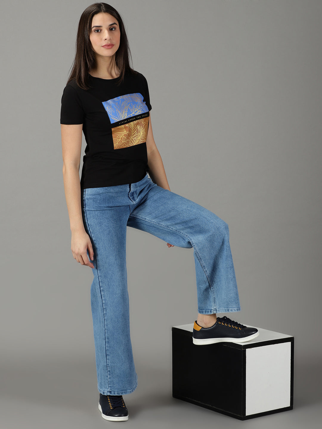 Women's Blue Wide Leg Mid-Rise Bleached Stretchable Cotton Jeans