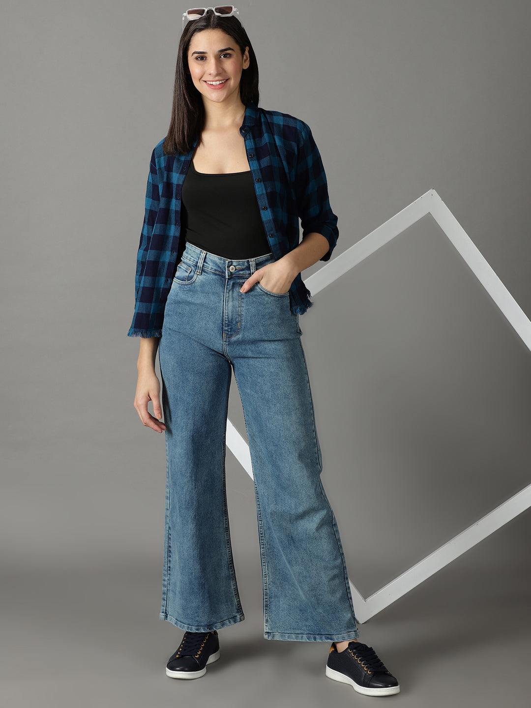 Women's Blue Wide Leg High-Rise Stretchable Jeans