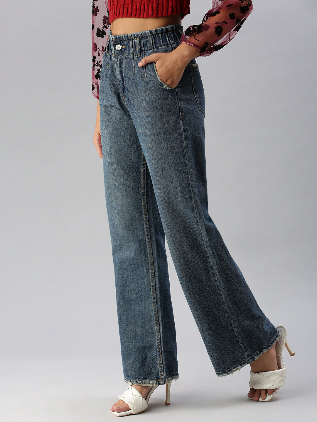 Women's Blue Wide Leg High-Rise Heavy Fade Jeans