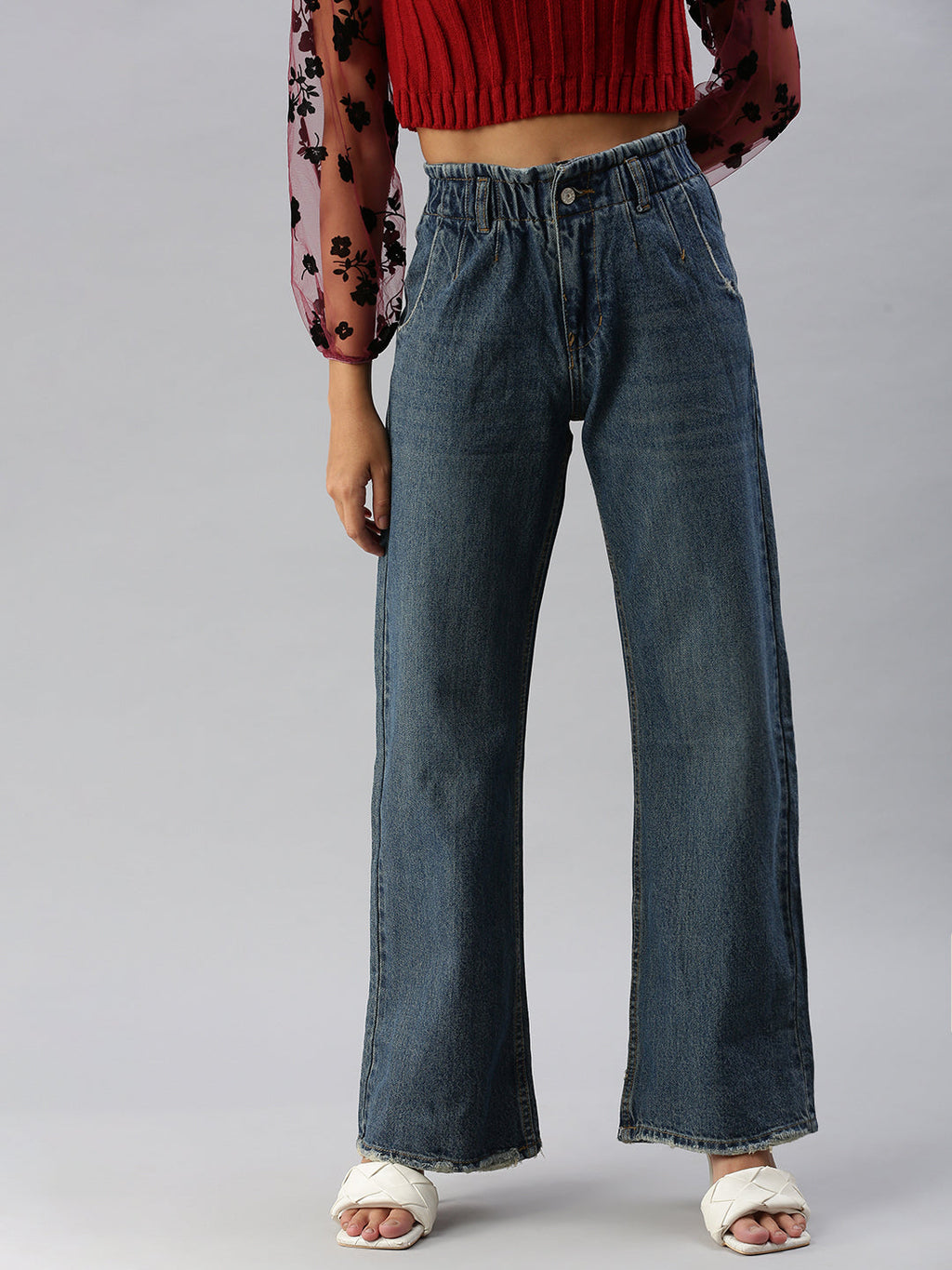 Women's Blue Wide Leg High-Rise Heavy Fade Jeans