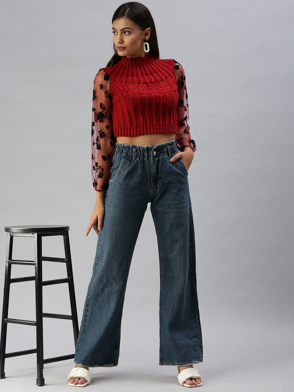 Women's Blue Wide Leg High-Rise Heavy Fade Jeans