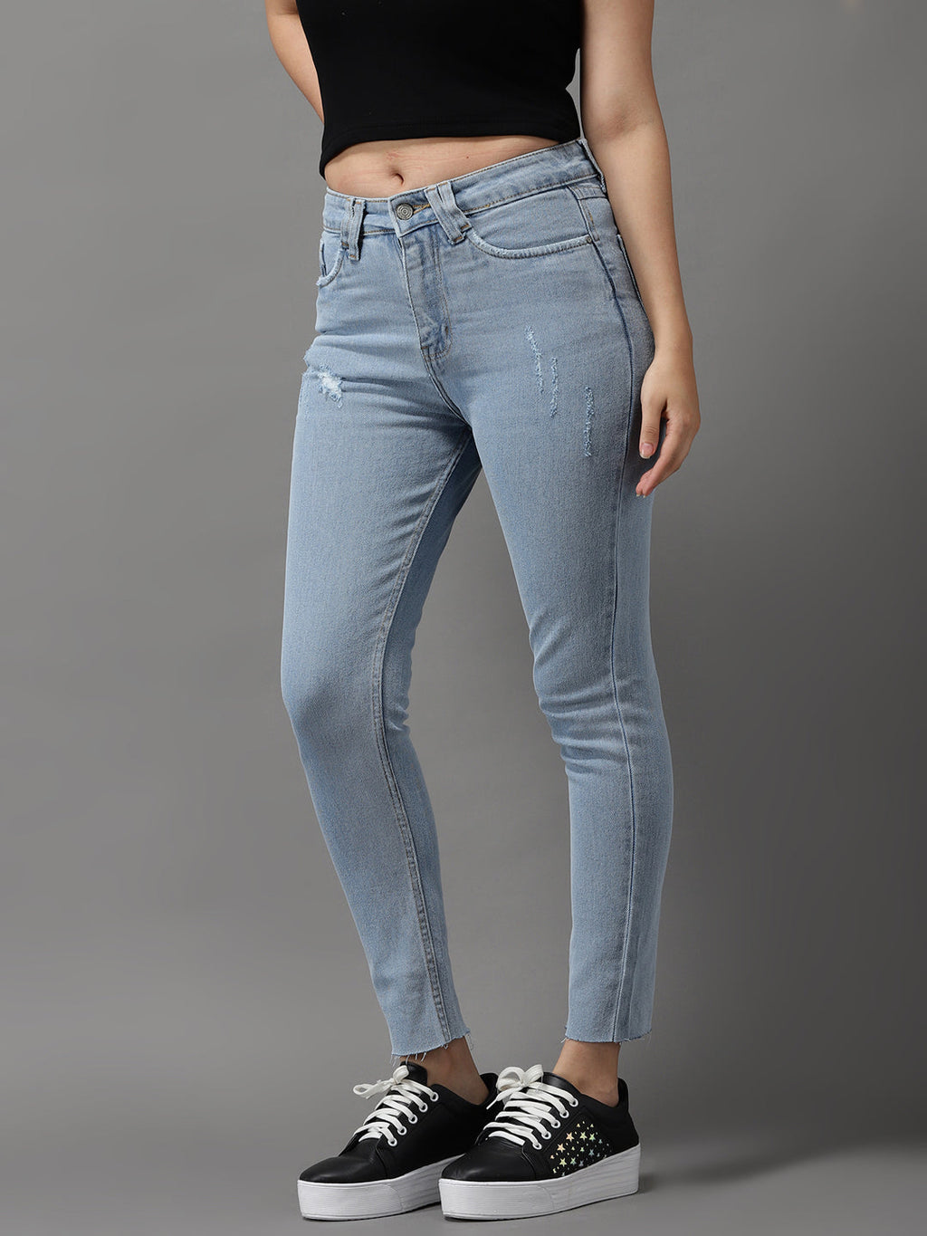 Women's Blue Slim Fit High-Rise Mildly Distressed Heavy Fade Stretchable Jeans