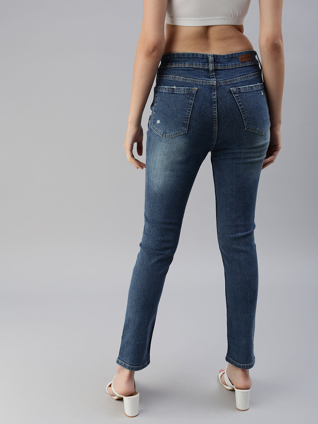 Women's Blue Slim Fit High-Rise Mildly Distressed Light Fade Stretchable Jeans