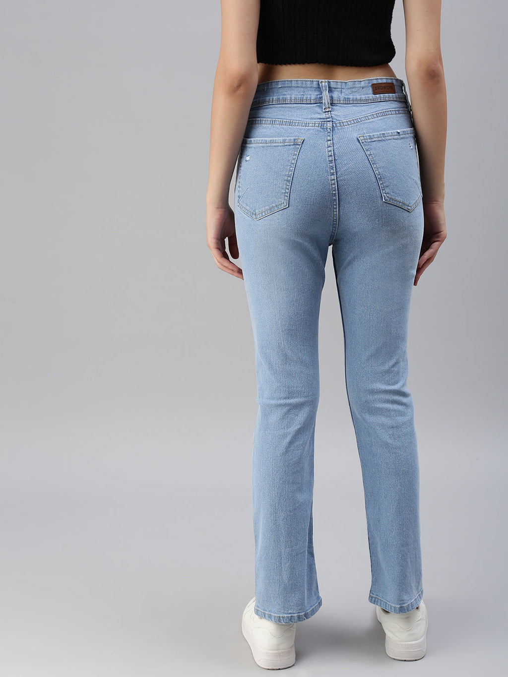 Women's Blue Straight Fit High-Rise Low Distress Light Fade Stretchable Jeans