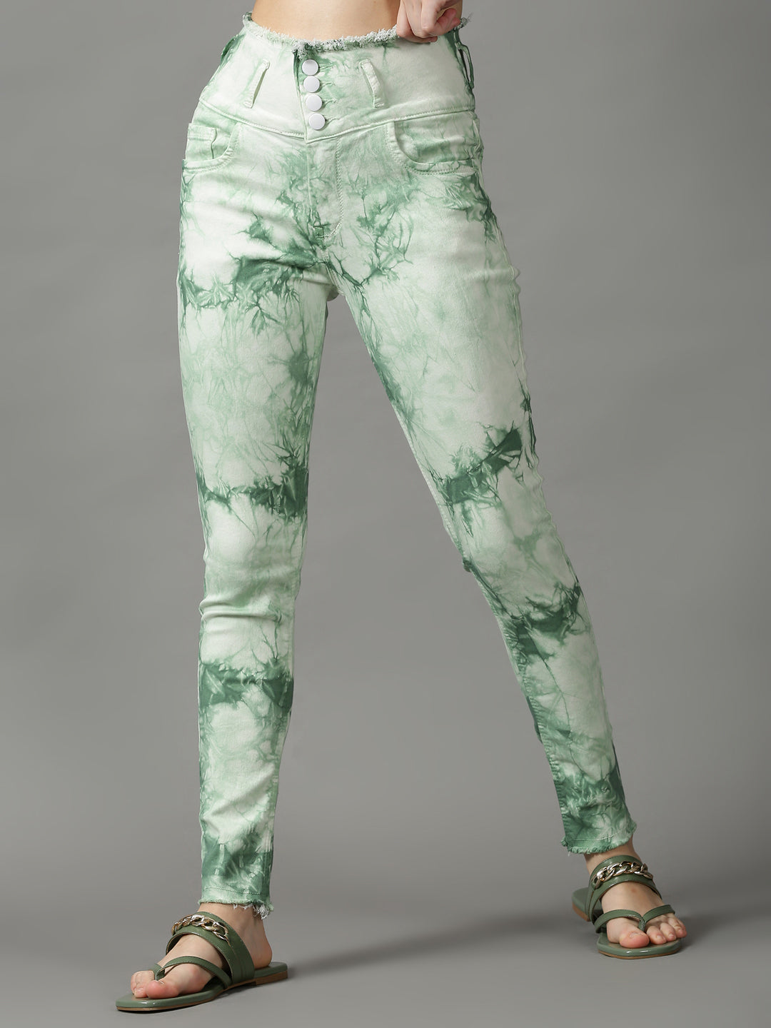 Women's Green Printed Skinny Fit Stretchable Denim Jeans