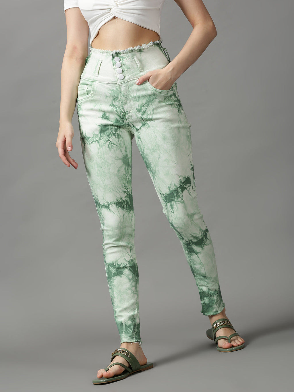 Women's Green Printed Skinny Fit Stretchable Denim Jeans