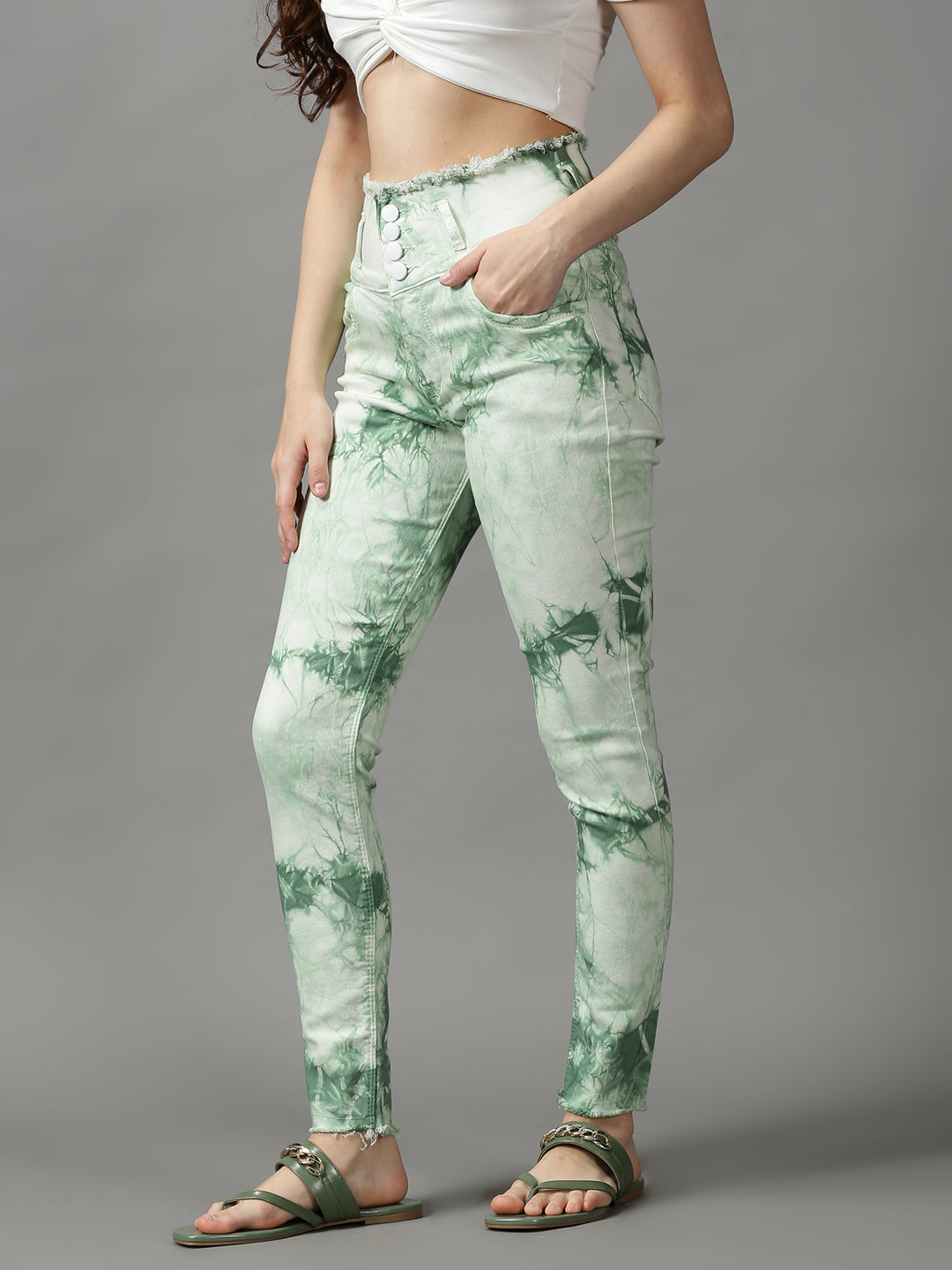 Women's Green Printed Skinny Fit Stretchable Denim Jeans