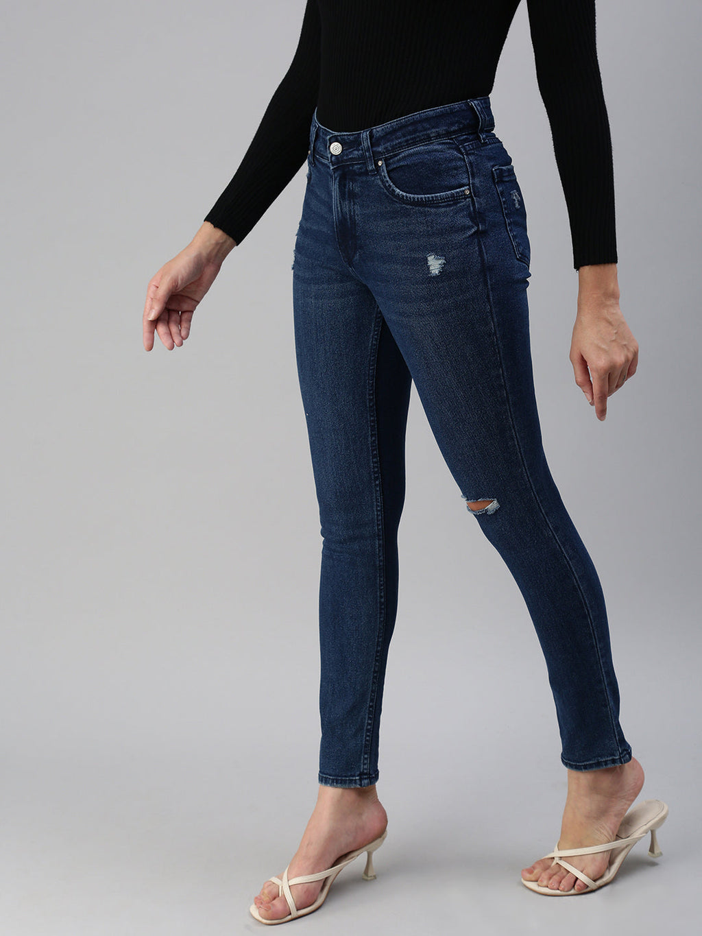 Women's Blue Slim Fit High-Rise Slash Knee Stretchable Jeans