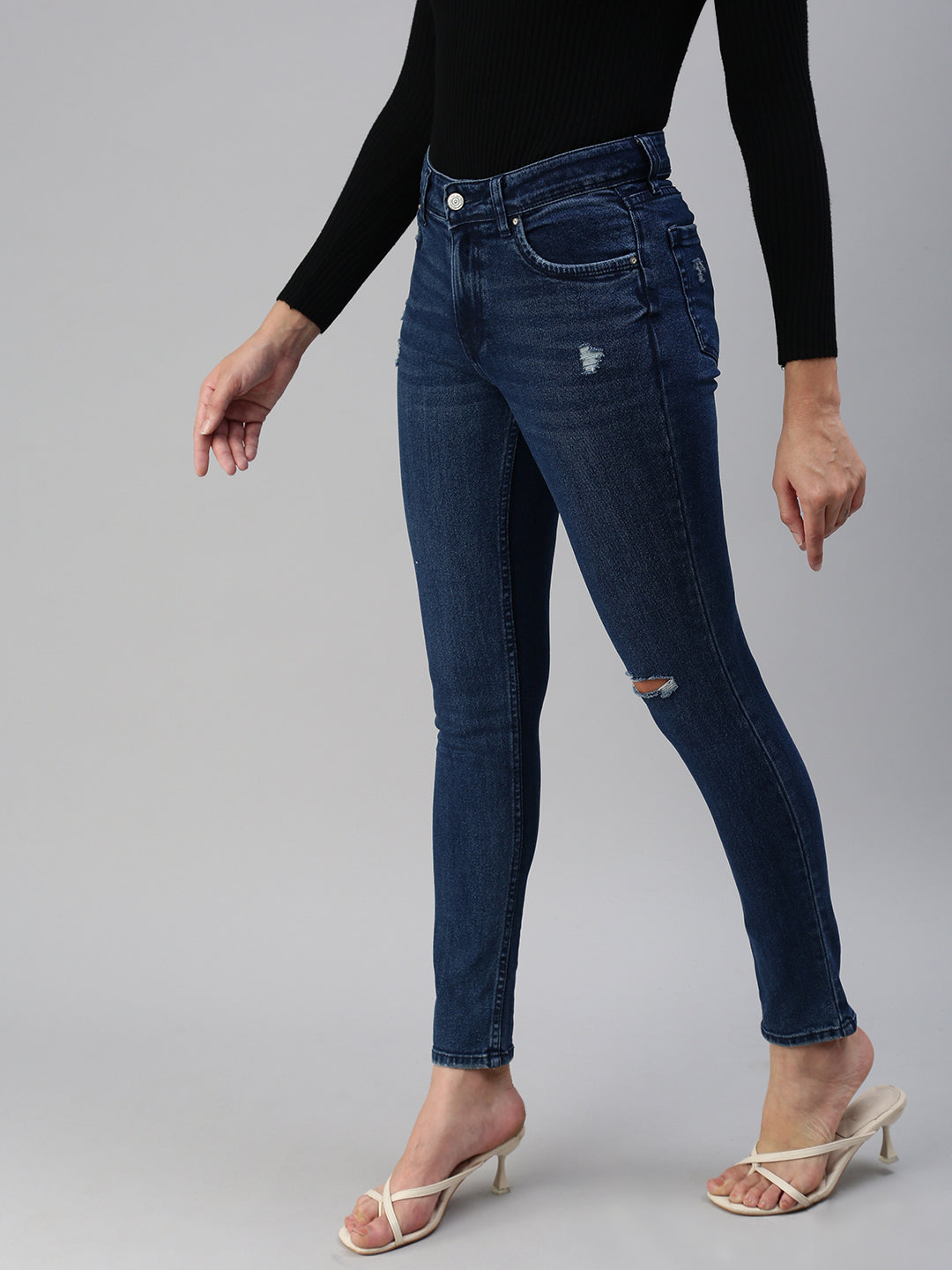 Women's Blue Slim Fit High-Rise Slash Knee Stretchable Jeans