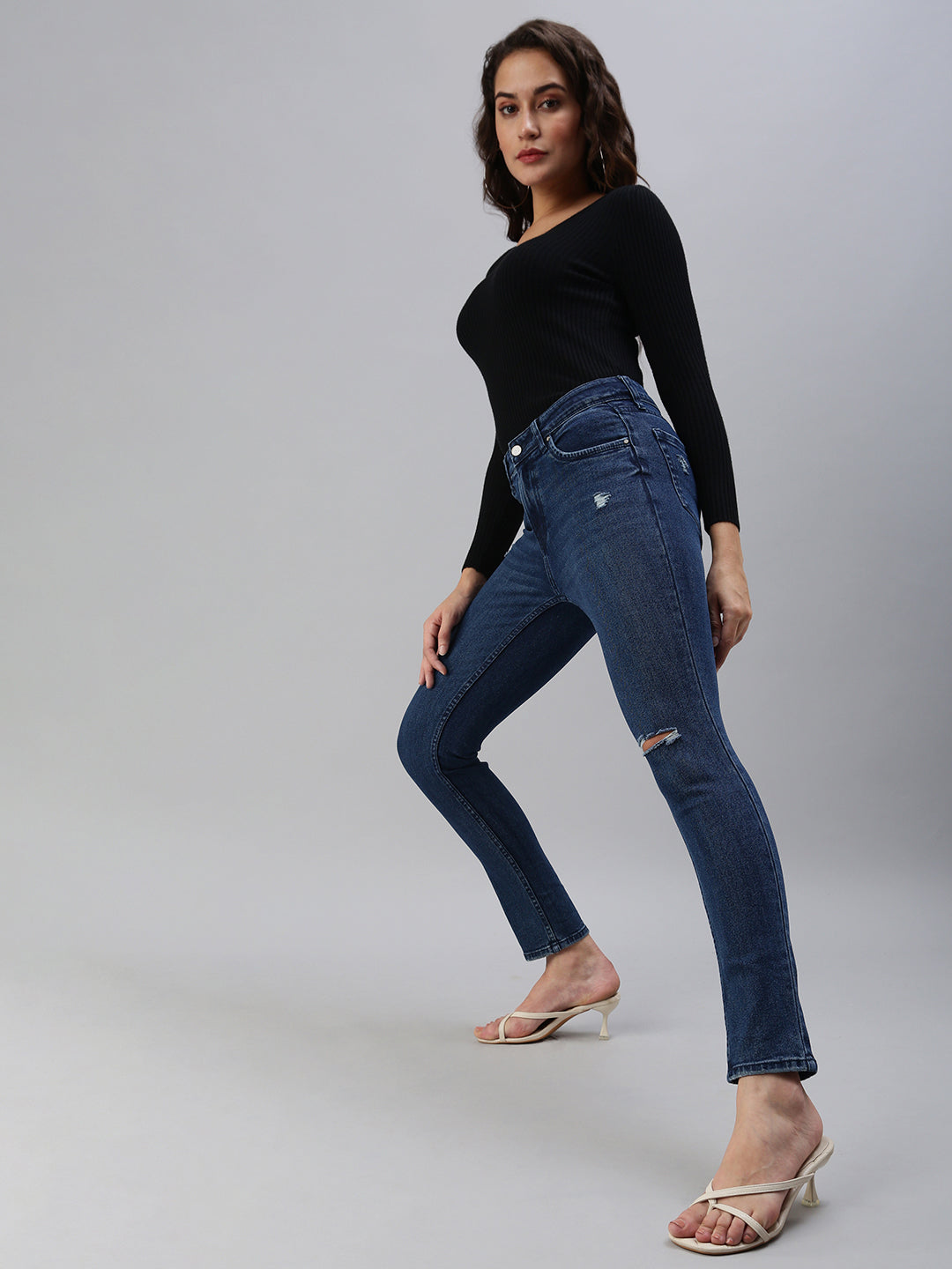 Women's Blue Slim Fit High-Rise Slash Knee Stretchable Jeans